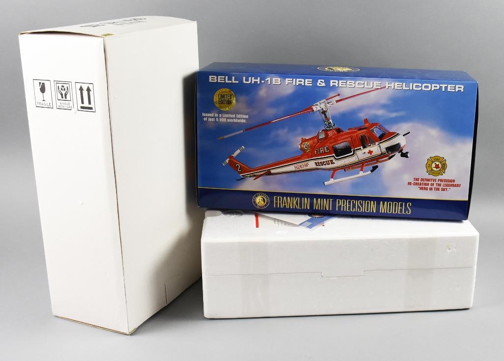 Franklin Mint Bell UH-1B Fire & Rescue Helicopter 1:48-NOS: Lot is a Franklin Mint Bell UH-1B Fire & Rescue Helicopter 1:48-NOS. Single owner collection from the largest toy collector on the West Coast.