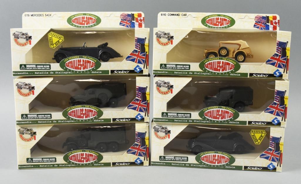 (6) Solido The Famous Battle Collection Die-Cast-MIB-NOS: Lot is six Solido The Famous Battle Collection Die-Cast-MIB-NOS. Includes Command Car, Mercedes 540K, GMC Citerne and others, lot with duplicates. Single owner collection from the largest toy collecto