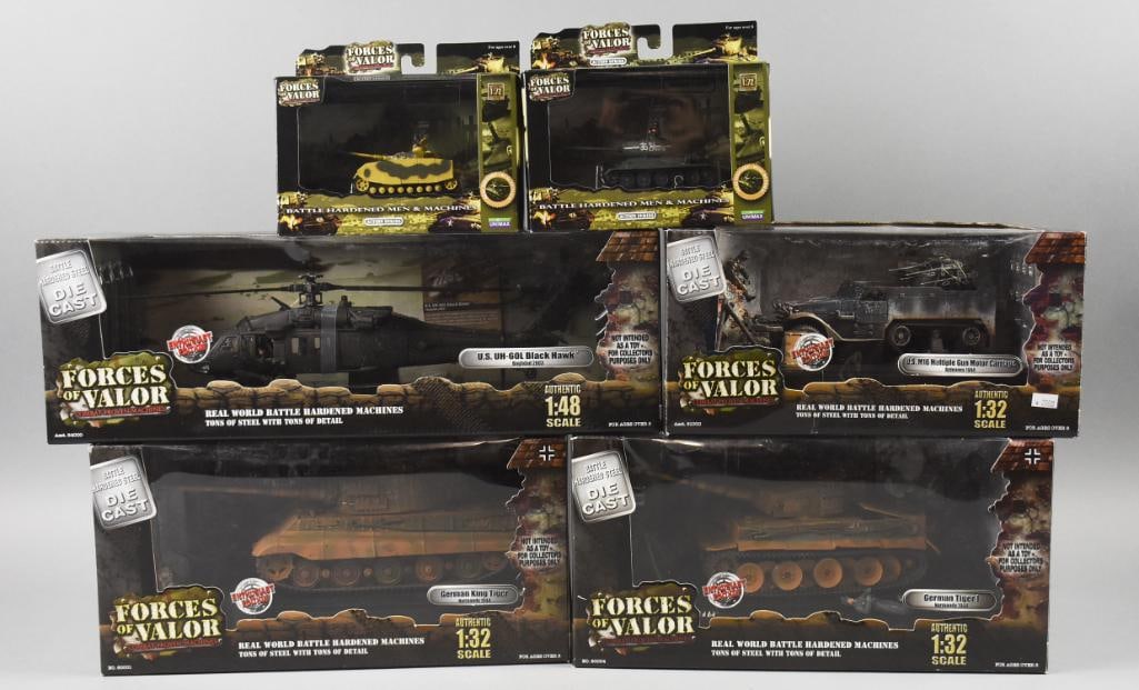 (6) 2000s Unimax Forces of Valor Military 1:72-1:48-1:32-NOS: Lot is six 2000s Unimax Forces of Valor Military 1:72, 1:48, 1:32-NOS. Includes 1:48 scale tanks, M16 Multiple Gun Motor Carriage, German Tiger I, UH-60L Black Hawk and German King Tiger. Single owner