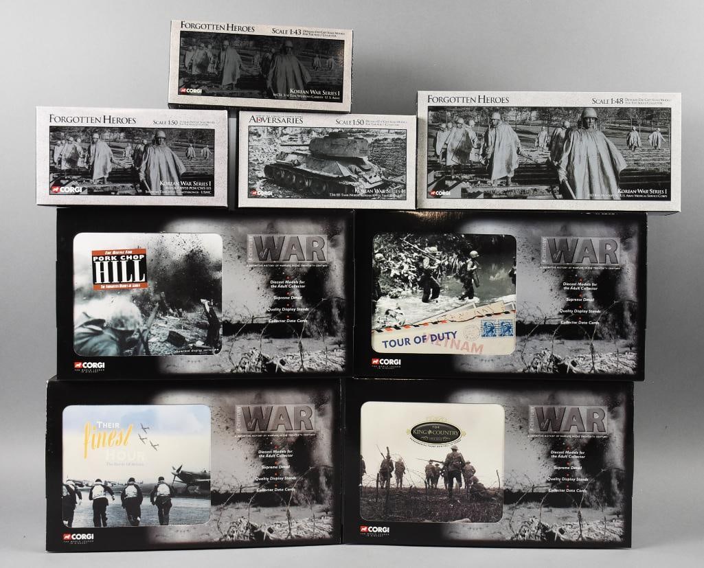 (8) 2001-02 Corgi Forgotten Heroes/War 1:43-1:48-1:50-NOS: Lot is eight 2001-02 Corgi Forgotten Heroes/War 1:43-1:48-1:50-NOS. Includes Sherman Tank with Flamethrower, North Korean 109th Tank Regiment, H13 Bell Helicopter, 3/4 Ton Weapons Carrier, Multi Packs