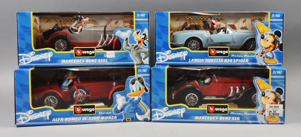 (4) Burago Disney Edition 1:18 Scale - MIB-NOS: Lot is four Burago Disney Edition 1:18 Scale - MIB-NOS. Includes Lancia Aurelia, Alfa Romeo and two Mercedes Benz SSK and SSKL Single owner collection from the largest toy collector on the West Coast.