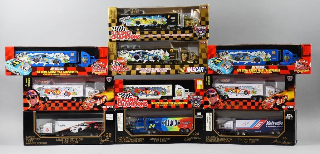 (10) 1990s Racing Champions Transport Trucks-MIB-NOS: Lot is 10 1990s Racing Champions Transport Trucks-MIB-NOS. Includes Valvoline, Texaco, Dupont and a variety of Cartoon Network. Single owner collection from the largest toy collector on the West Coast
