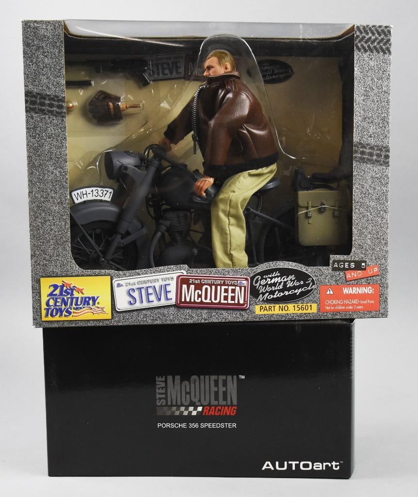 (2) 2001 21st C Toys/Autoart Steve McQueen Asst.-MIB-NOS: Lot is a pair of 2001 21st C Toys/Autoart Steve McQueen Asst.-MIB-NOS. Includes McQueen on a WWII German Motorcycle and Steve McQueen Racing Porsche 356 Speedster. Single owner collection from the lar
