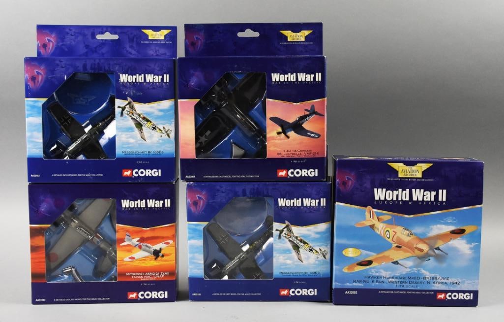 (5) 2002-03 Corgi Aviation Archive WWII, 1:72 Scale-MIB-NOS: Lot is five 2002-03 Corgi Aviation Archive WWII, 1:72 Scale-MIB-NOS. Includes two Messerschmitt BF 109E-3, Mitsubishi A6M2-21 Zero, F4U-1A Corsair, Hawker Hurricane. Single owner collection from the l