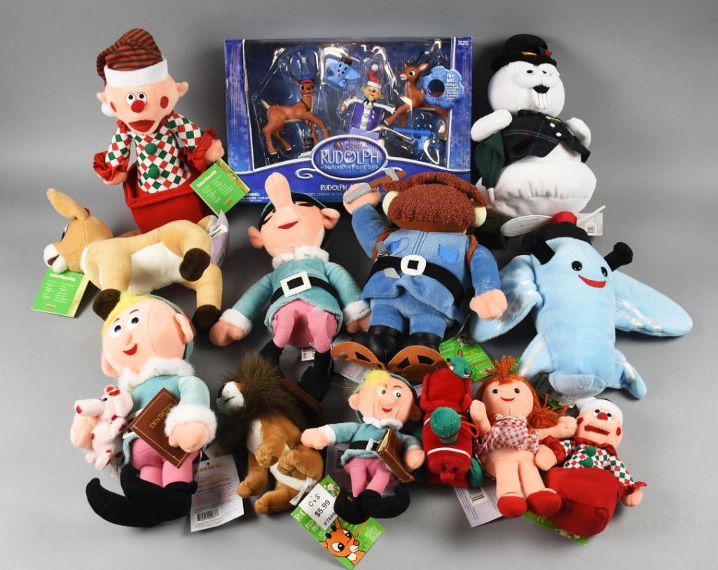 (13) 1990s-2000s Playing Mantis + Rudolph Red Nosed Reindeer: Lot is 1990s-2000s Playing Mantis + Rudolph Red Nosed Reindeer. Includes a Playing Mantis Island of Misfit Toys action figure set, Stuffins Cornelius, two Charlie in the Box-one larger, one smaller, C