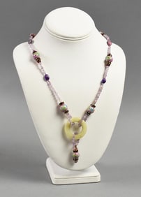 Vtg Chinese Amethyst & Porcelain Bead Necklace Jade Pendant