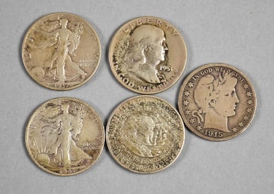 (5) 1915-1954 United States Silver Half Dollars