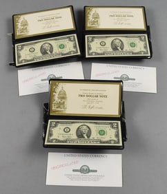 (3) US Mint Monetary Exchange $2 Bills, Uncirculated-COAs