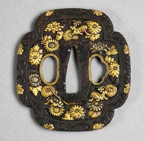 19th Century Japanese Tsuba, Gold/Silver Flowers & People