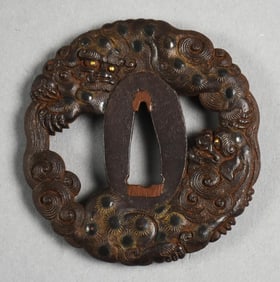 19th Century Japanese Tsuba, Iron Foo Dogs, Gold Eyes