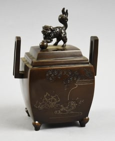 Vintage Japanese Impressed Etched Bronze Censer Foo Dog