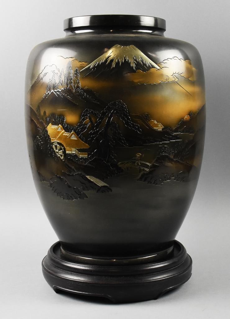 Vintage Japanese Chokin Style Mixed Metal Vase w/ Stand: This is a lovely vase in mixed metal. Japanese vase in the Chokin style with landscape and Mt. Fuji in the background. Comes with it's own stand that appears rosewood. Stamped on the bottom and measur