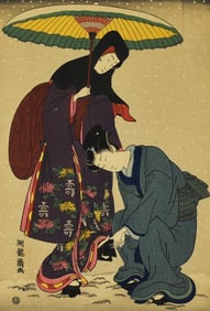 After Isoda Koryusai Geta no Yukitori Woodblock Print