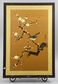 Vintage Japanese Hand Painted Silk Sparrow in Tree, Signed