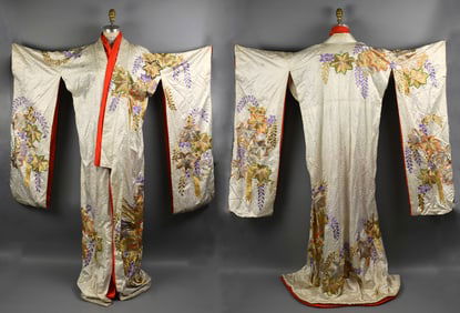 Vtg Japanese White Silk and Gold Embroidery Wedding Kimono