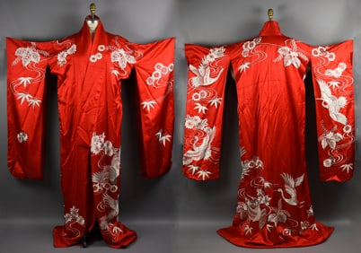 Vintage Japanese Red Silk and Embroidered Wedding Kimono