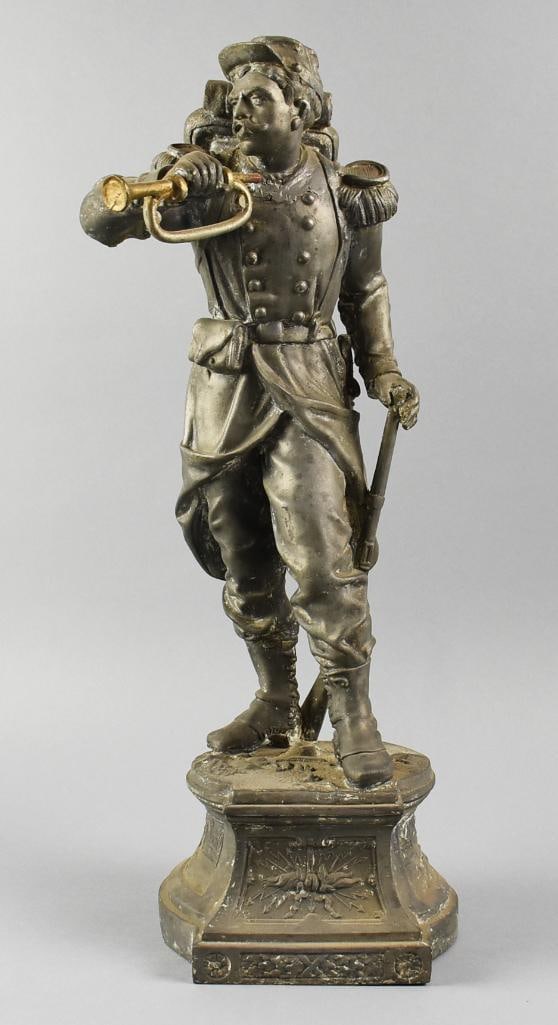 After Charles Anfrie Civil War Soldier Sculpture: This is a great piece that is after Charlies Anfrie. Very much like his original only a different base. Soldier leaning on his rifle using one hand, the other is holding a bugle. No visible marks and 
