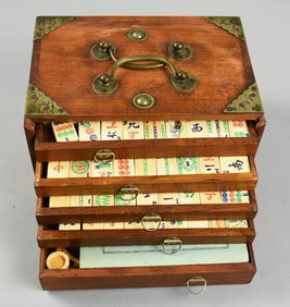 Early 20th C Chinese Mahjong Game, Original Redwood Box