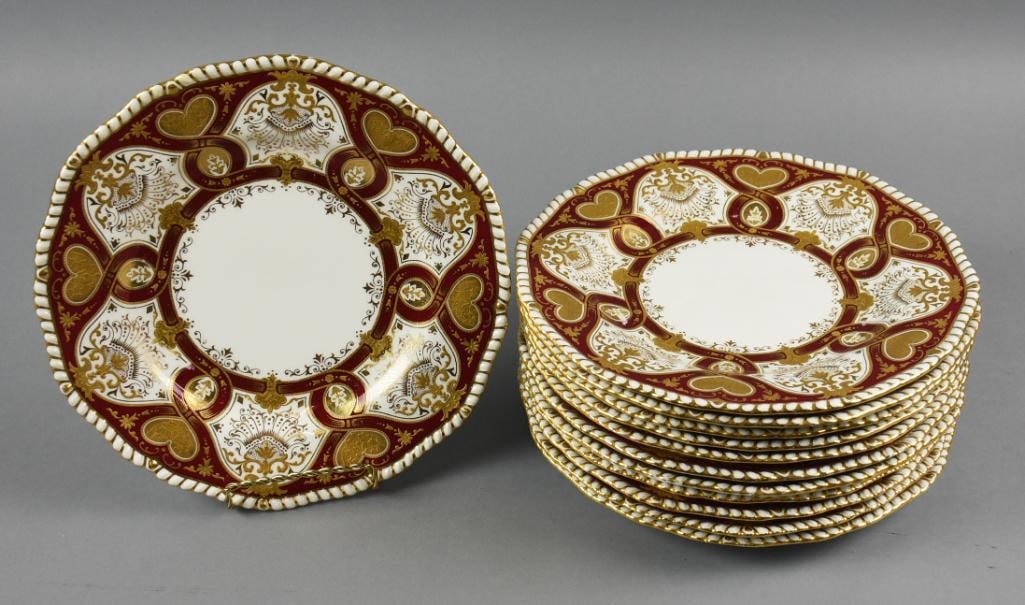 c1900 Coalport Porcelain Brown & Gold Hearts Dinner Plates: Antique Coalport Porcelain Plates – Gold & Brown Heart Pattern (Z2120) These stunning porcelain plates are from Coalport, featuring an unidentified patt