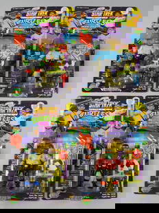 (4) 1994 Playmates TMNT Star Trek Turtles-MOC-NOS: Lot is four 1994 Playmates TMNT Teen age Mutant Ninja Turtles Star Trek Turtles-MOC-NOS. Includes Chief Medical Officer Raphael, First Officer Donatello, Captain Leonardo and Chief Engineer Michaelang