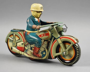 c1950 Japanese Sato Friction Toy Motorcycle Police Officer