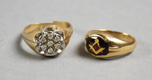 Vintage 10 K Yellow Gold Ring Pair, Diamond & Garnet