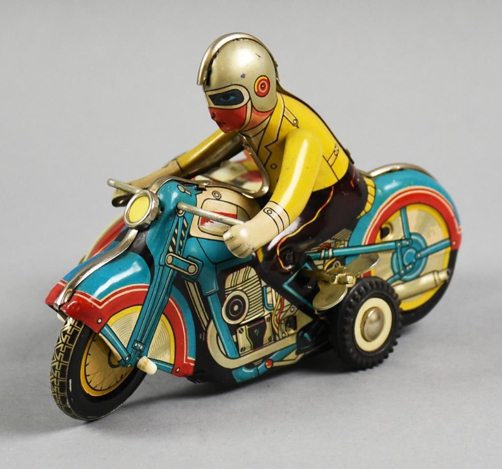 c1950 BSH China Tin Litho Wind-Up Motorcycle with Side Car (1 of 6)