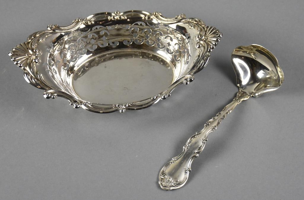 Vintage Gorham Sterling Pierced Bon Bon Bowl & Ladle: These beautiful pieces are from Gorham and are sterling. This lot is a bon bon bowl with pierced sides and shell handles. Pattern is called Cromwell, discontinued in 1951. The ladle is the popular pat