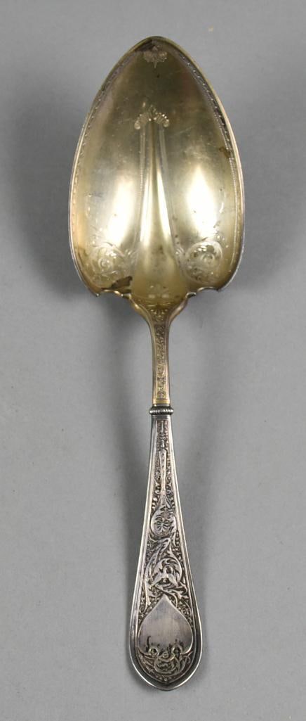 1875 Gorham Sterling Raphael Pudding Spoon, 108g: Beautiful antique sterling spoon from Victorian Gorham. This pattern is called Raphael, introduced in 1875, with scroll and foliate design with similar design on back and light gold wash on back of bo