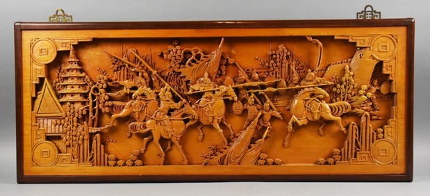 Antique Chinese Heavily Carved Battle Scene Panel