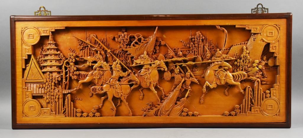 Antique Chinese Heavily Carved Battle Scene Panel (1 of 13)