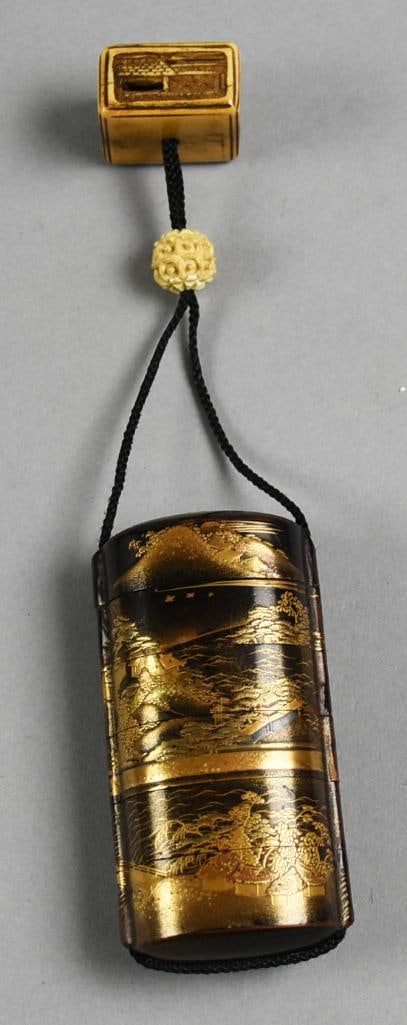 Vintage Japanese Lacquer Inro w/ Ojime Bead and Netsuke (1 of 9)