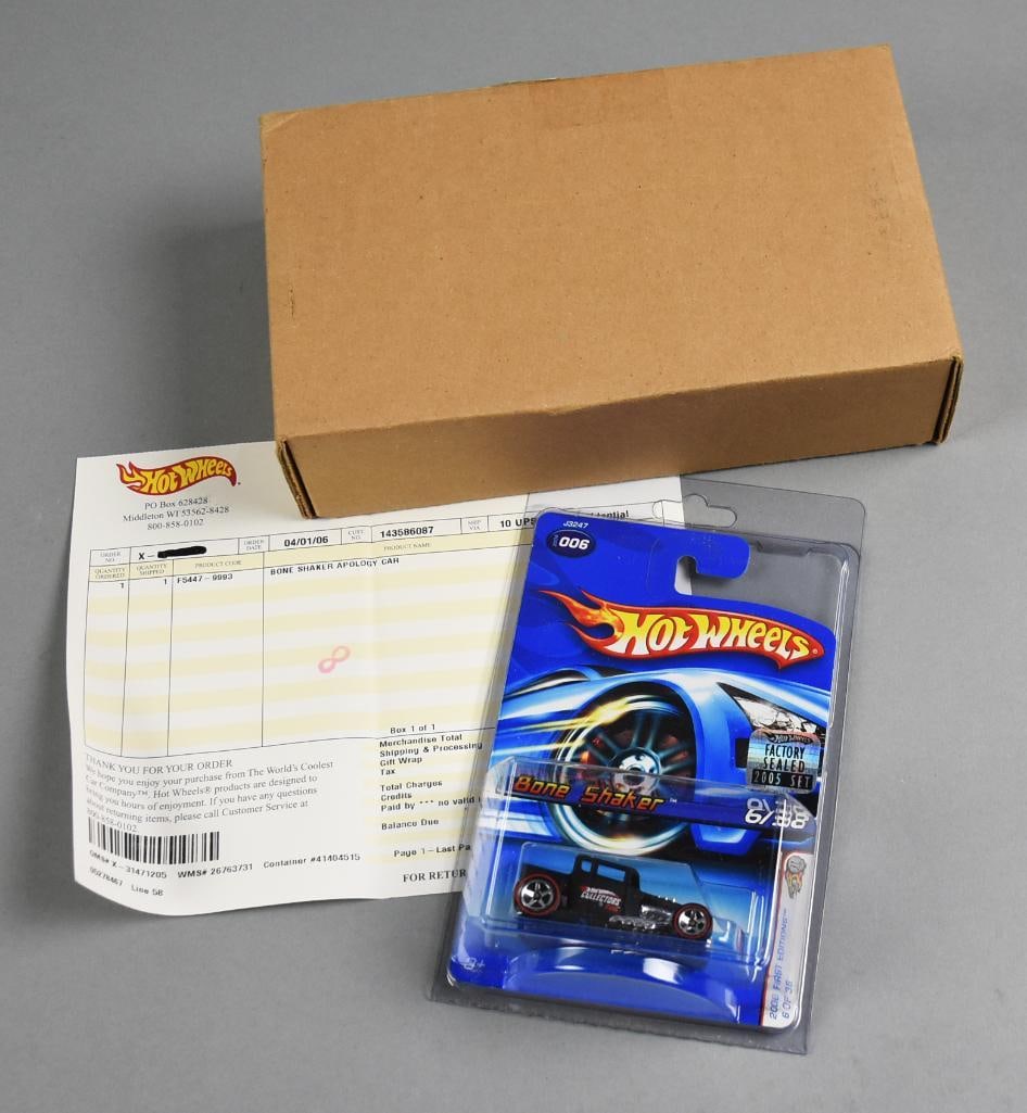 2005 Mattel Hot Wheels Bone Shaker Apology Car MOC: 2005 Mattel Hot Wheels Bone Shaker Apology Car Bone Shaker: This legendary Hot Wheels model, designed by Larry Wood, is one of the most iconic castings in the lineup. Featuring a classic black paint j