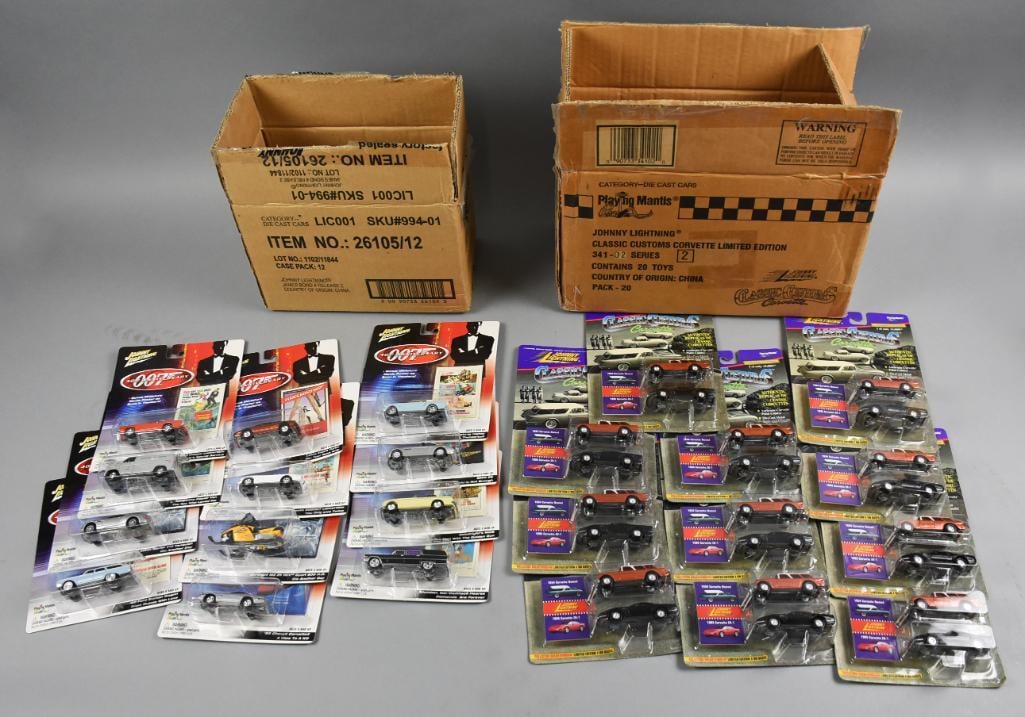 (2) Johnny Lightning 007 & Custom Corvette-Factory Cases-NOS: Lot is two 1992, 2002 Johnny Lightning 007 & Custom Corvette-Factory Cases-NOS. Includes 12 James Bond 007 and 12 two pack Custom Corvette. Single owner collection from the largest toy collector on th