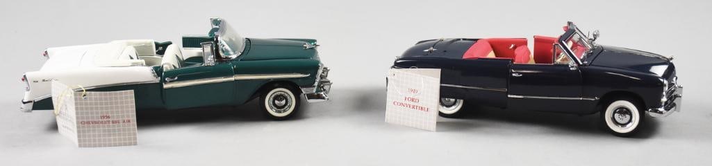 Franklin Mint 1:24 49 Ford-56 Chevrolet Convertibles-MIP-NOS: Lot is Franklin Mint 1:24 Scale'49 Ford Convertible & '56 Chevrolet Bel Air Convertible Ltd Edition-MIP-NOS. Single owner collection from the largest toy collector on the West Coast.