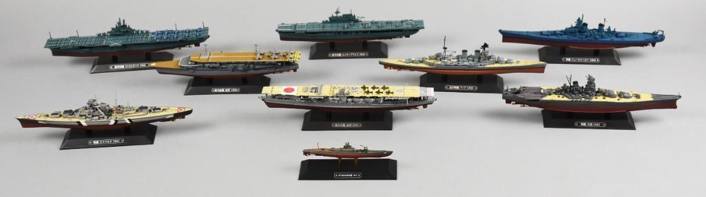Vintage WWII Japanese Battleships on Stands - Loose: These are nine vintage World War II Japanese battleships, each displayed on individual stands. The models range from 5" to 10" in length and are all under 3" in height. Each ship is intricately detail