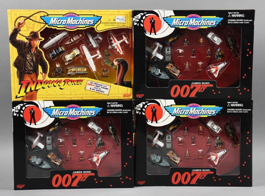 (4) 1995 Galoob Micro Machines Indiana Jones & 007-MIB-NOS: Lot is four 1995 Galoob Micro Machines Indiana Jones & 007-MIB-NOS. Single owner collection from the largest toy collector on the West Coast.