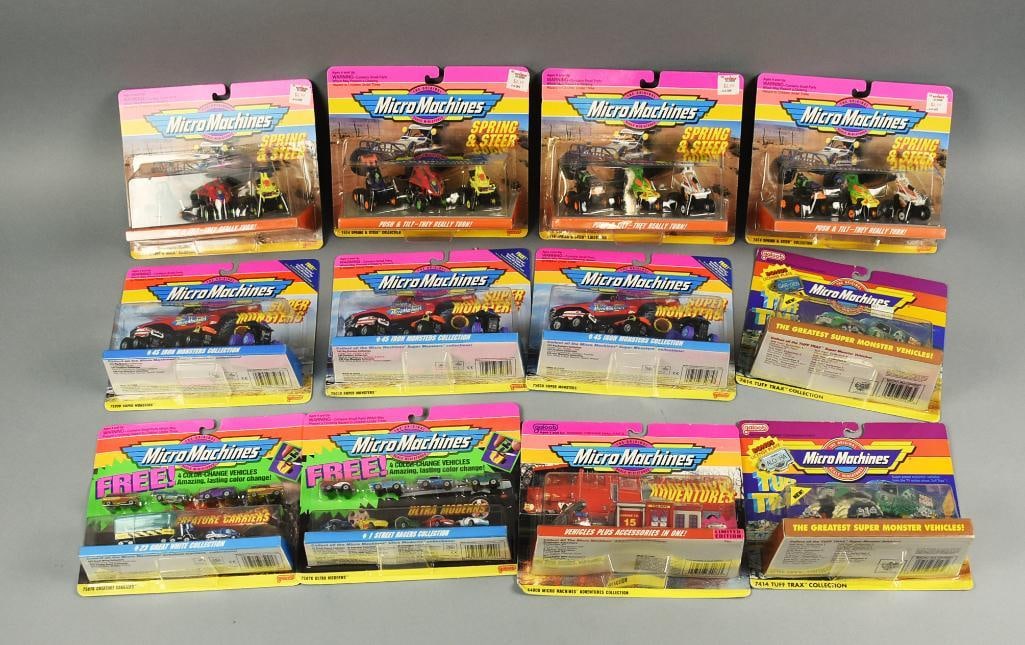 (12) 1990s Galoob Micro Machines Scale Miniatures-MIP-NOS: Lot is 12 1990s Galoob Micro Machines Scale Miniatures-MIP-NOS. Includes Spring & Steer, Ultra Moderns, Super Monsters and more. Lot with duplicates. Single owner collection from the largest toy colle
