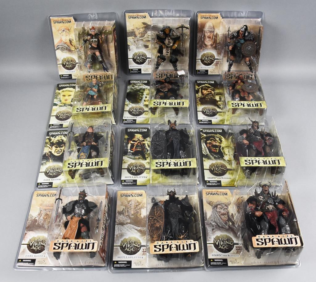 (12) 2002 McFarlane Spawn Dark Ages Action Figures-MOC-NOS: Lot is 12 2002 McFarlane Spawn Dark Ages Action Figures-MOC-NOS. Includes two each Dark Raider, Valkerie, Berserker, Skullsplitter, Blue Tooth, Spawn. Each with variant packaging. Single owner collec