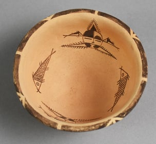 Native AMerican Style Pottery Bowl w/ Fish and Face Motif