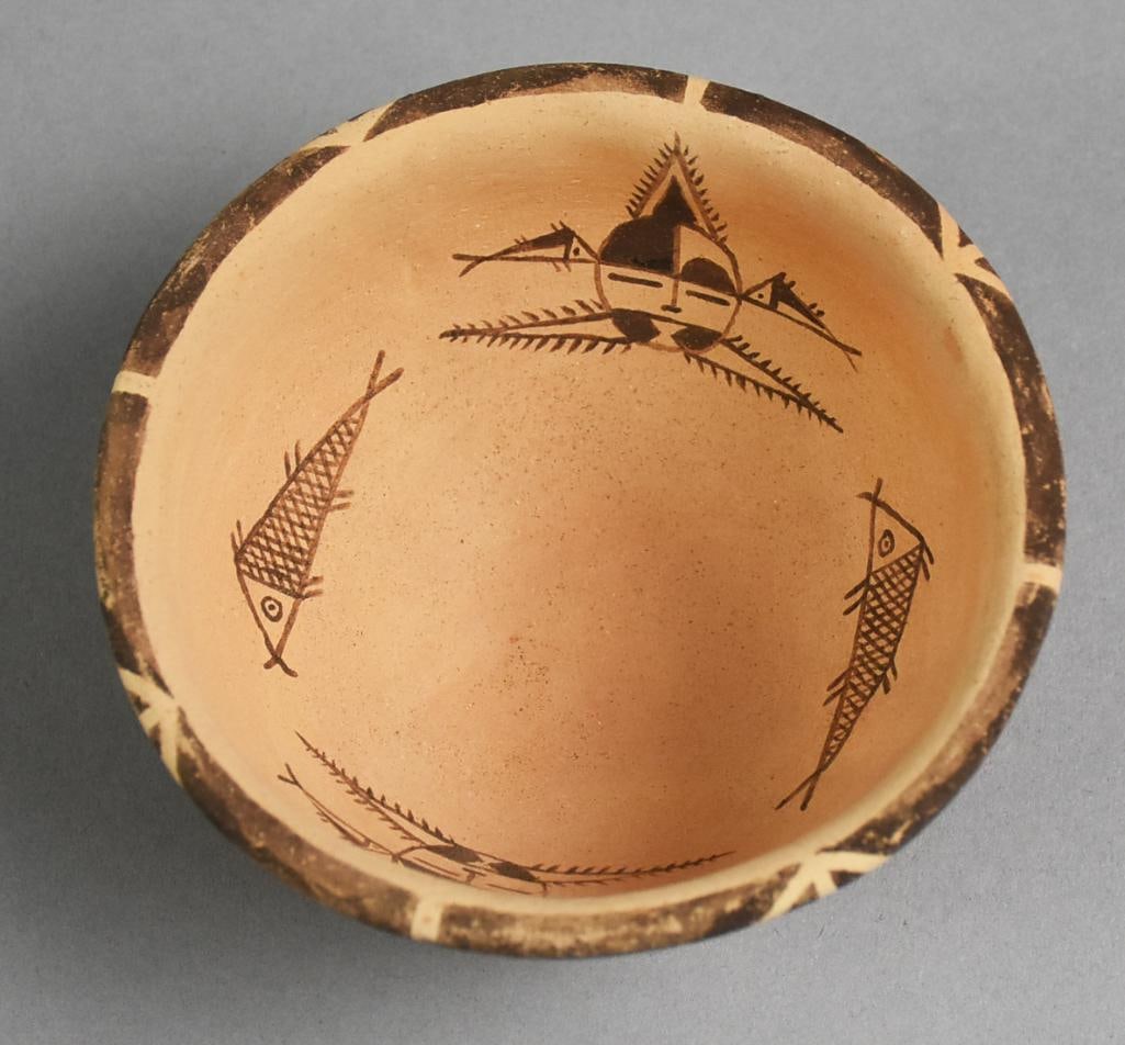 Native AMerican Style Pottery Bowl w/ Fish and Face Motif (1 of 8)