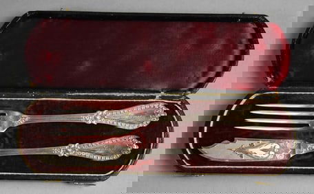 1860 Wood & Hughes Coin Silver Gadroon Knife & Fork-Original Case