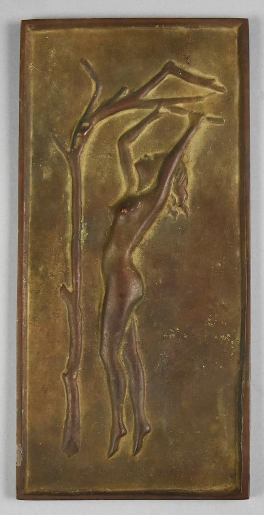 Antique Art Deco Bronze Woman Figure Wall Plaque: This beautiful piece appears bronze and features a nude woman reaching up to a branch. Plaque has no visible signature or mark and measures approx. 7" x 15".