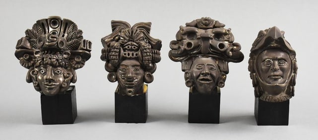 Mexico Zanfeld 999 Silver Wrapped Aztec Busts with Stands
