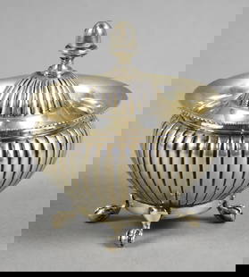 19th C Austrian 800 Silver Lidded Sugar Bowl: This is a terrific piece of 800 silver that appears to be marked for Austria. Lid with acorn finial, reeded lid and body and footed. Marked on bottom that is pretty worn. Approx weight is 104g and mea