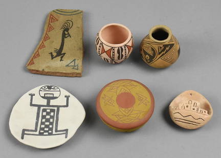Vintage Native American Art Pottery Pieces: This fun variety of pieces are mostly art pottery along with one Flute Player painted stone by Nelson Lewis. The other pieces are a small clay ornament by jewelry artist Milson Taylor, lidded bowl fro