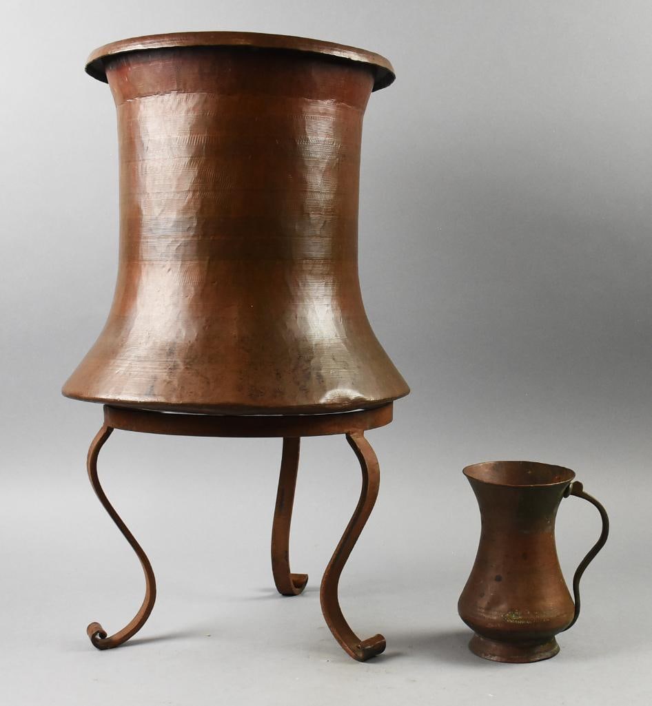 Egyptian Hand Wrought Copper Arts and Crafts Water Jug and Pitcher: These great pieces are Egyptian antique and appear hand hammered. Copper water jug and pitcher that also appear to be hand brushed and carved with subtle details throughout. Comes on hand wrought trip