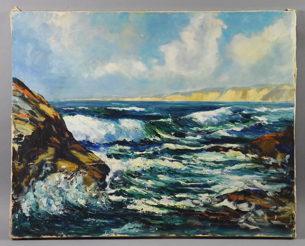 Hazel Rakestraw (1895-1977) CA Oil Painting on Canvas: Gorgeous oil painting from California/Minnesota artist Hazel W. Strapp Rakeshaw (1895-1977). Seascape on canvas stretched over boards. Signed lower right corner and measures approx. 24" x 30".