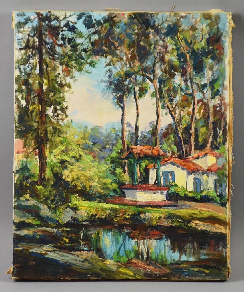 Hazel Rakestraw (1895-1977) CA Oil Painting on Canvas: Lovely painting from California/Minnesota artist Hazel W. Strapp Rakeshaw (1895-1977). Artist herself has identified the location on the back, twice, International Village, Balboa Park which is locate