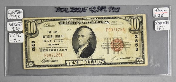 1929 $10 Ten Dollar Bearer Note Bay City Michigan Bank